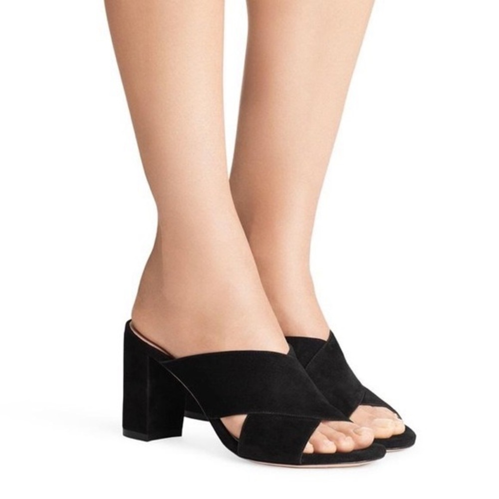 EUC Stuart Weitzman Galene Black Suede Criss Cross Block Heel Mules size 8 - Picture 2 of 7